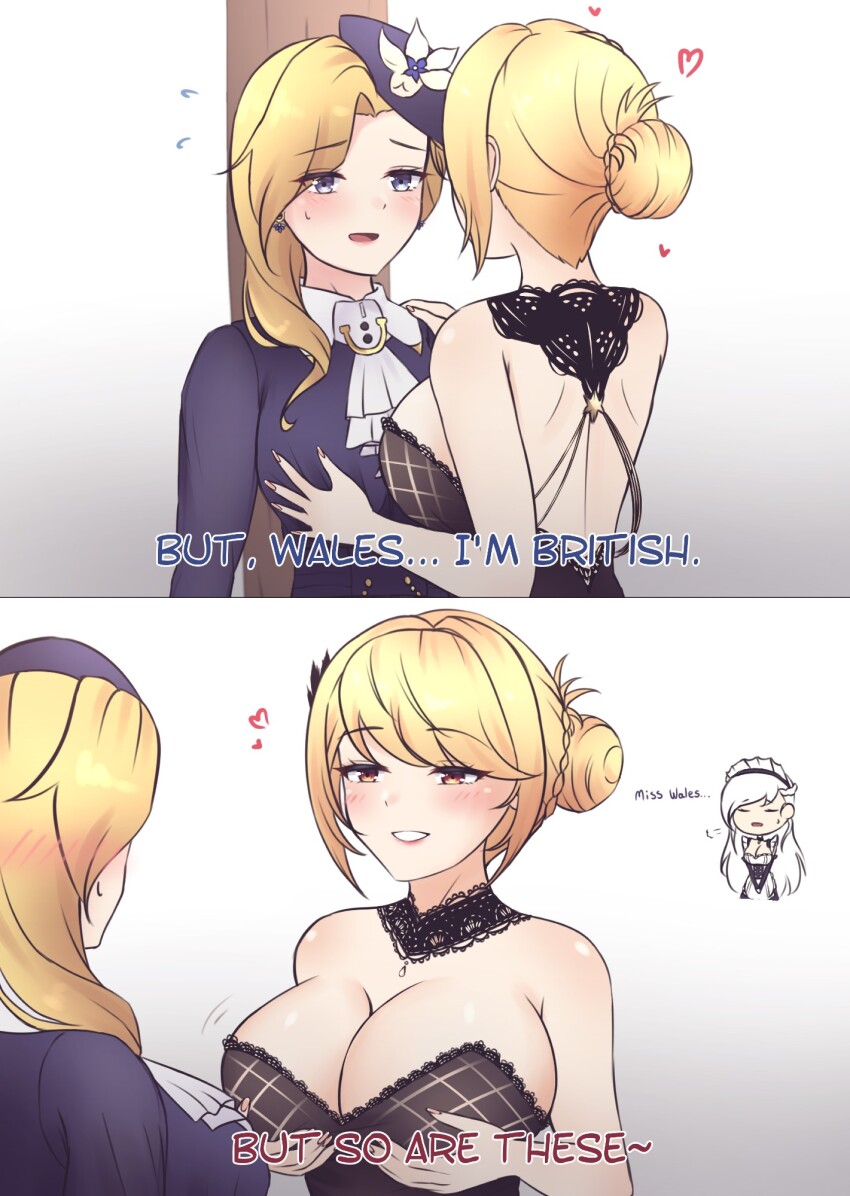 3girls, ascot, azur_lane, belfast_(azur_lane), black_dress, breasts, chibi, chibi_inset