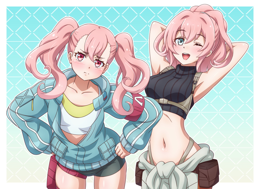 2girls, :i, armband, armpits, arms_behind_head, belt, bike_shorts, center-flap_bangs