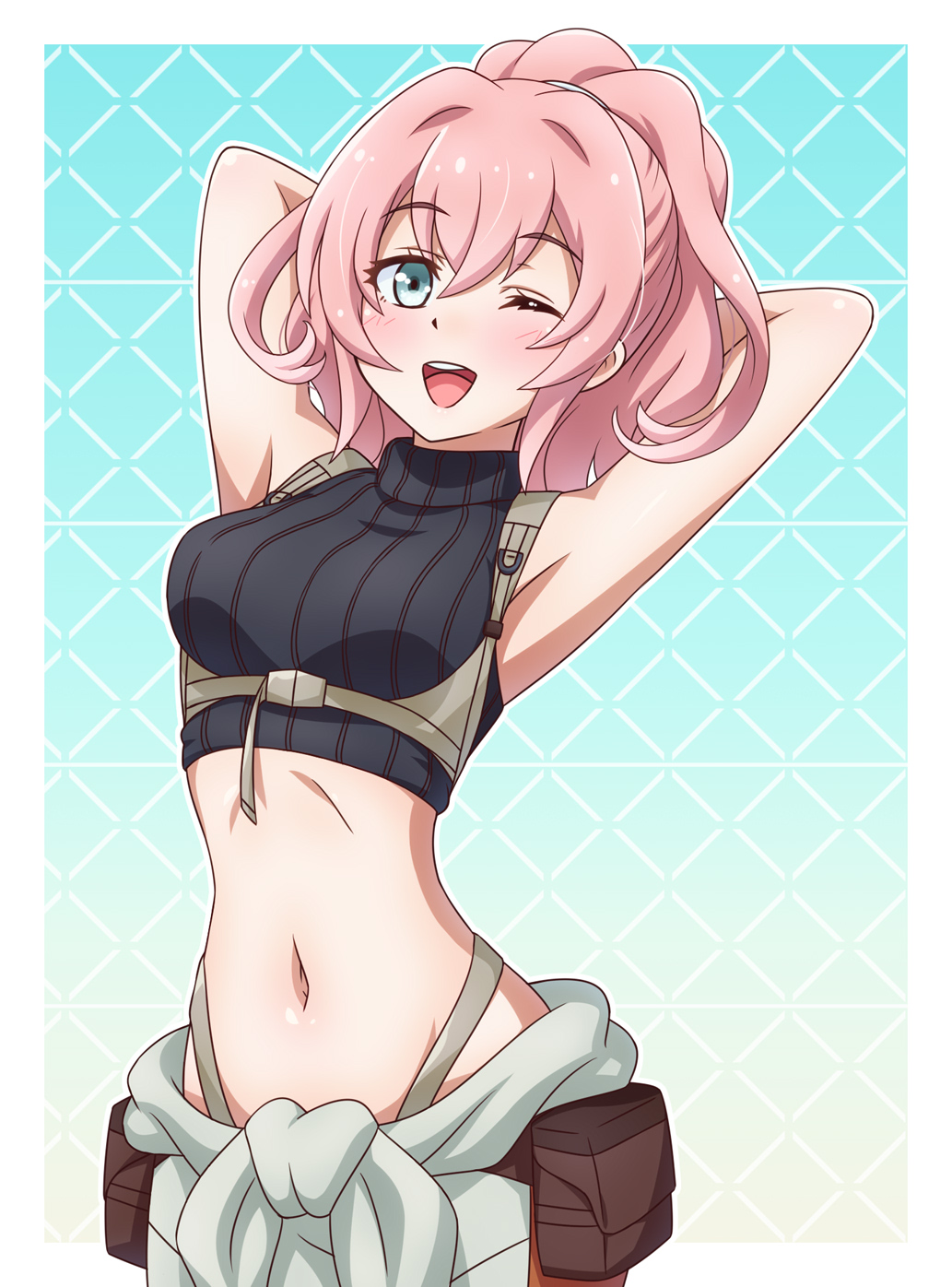 1girl, armpits, arms_behind_head, belt, chest_harness, clothes_around_waist, crop_top, cropped_legs