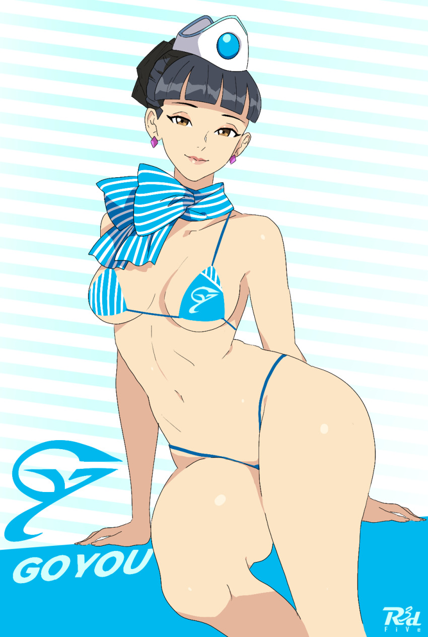 1girl, ace_attorney, ace_attorney_investigations, ace_attorney_investigations:_miles_edgeworth, bikini, black_hair, blue_bikini, blue_scarf, breasts, brown_eyes, earrings, flight_attendant, hat, highres, jewelry, looking_at_viewer, medium_breasts, navel, r3dfive, rhoda_teneiro, scarf, short_hair, solo, striped_background, striped_clothes, striped_scarf, swimsuit, travel_attendant, white_hat