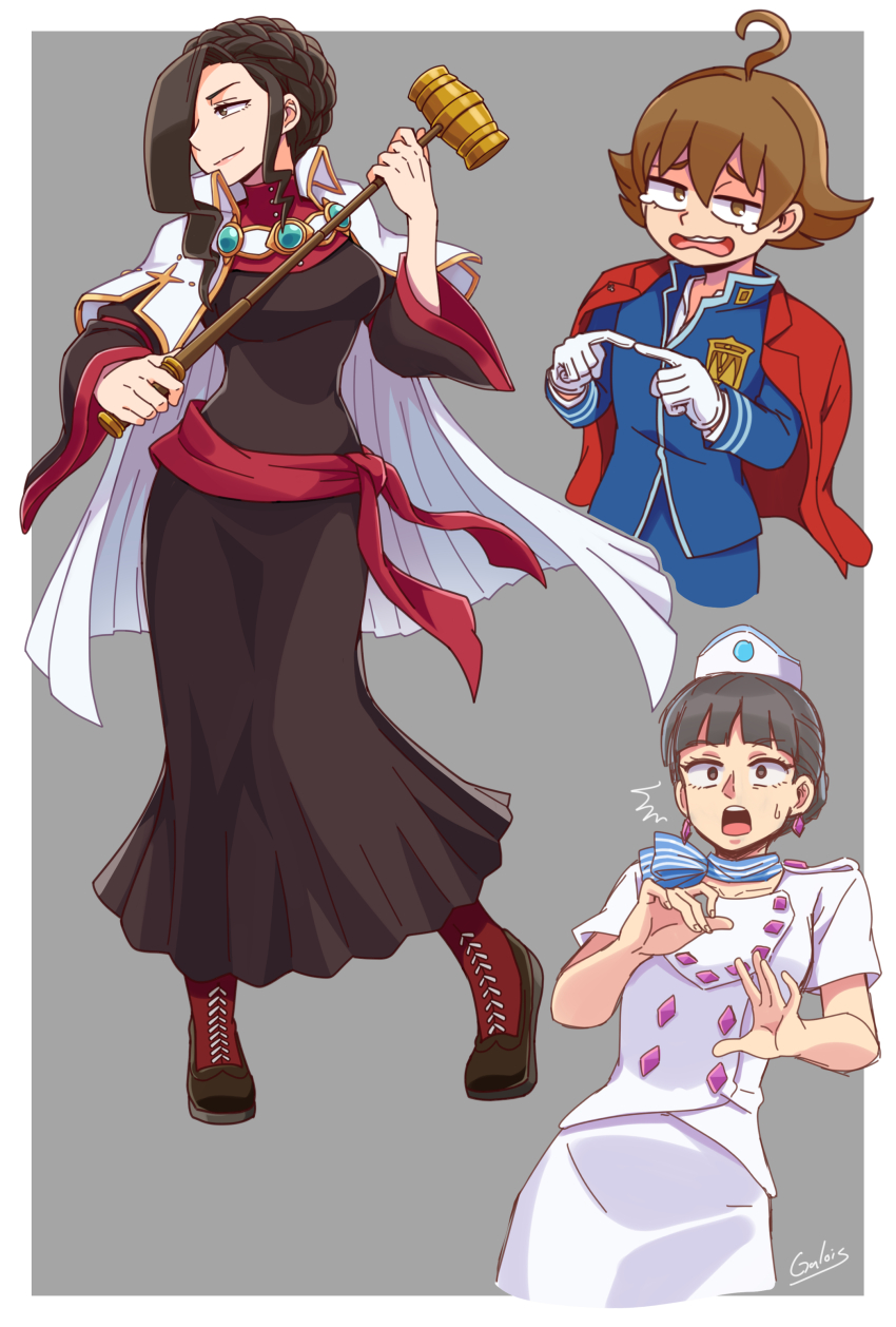 1boy, 2girls, :o, absurdres, ace_attorney, ace_attorney_investigations, ace_attorney_investigations:_miles_edgeworth, ahoge