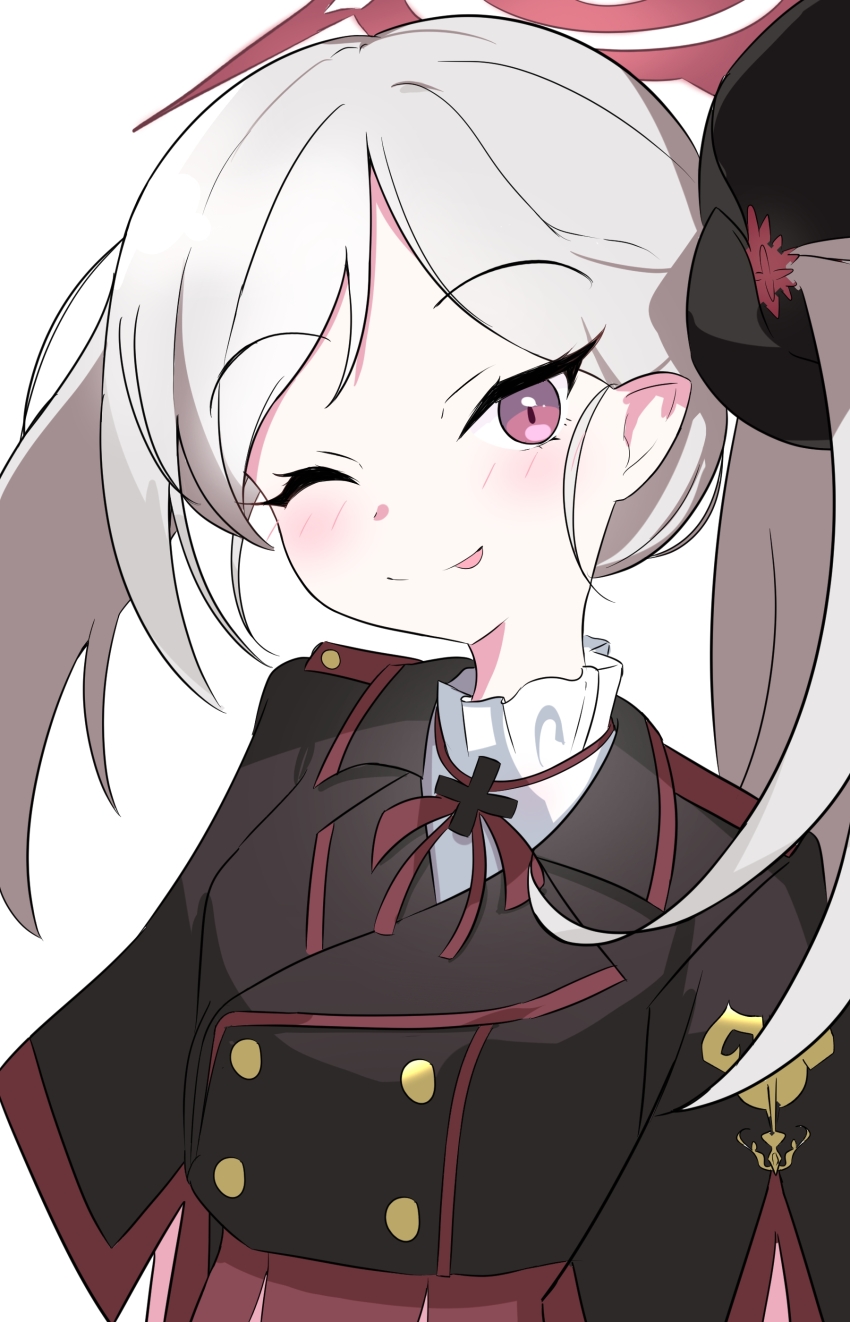 1girl, absurdres, blue_archive, blush, breasts, candy36544, grey_hair, hair_ornament, halo, highres, long_hair, looking_at_viewer, mutsuki_(blue_archive), open_mouth, pointy_ears, purple_eyes, red_halo, side_ponytail, simple_background, smile, solo, white_background, white_hair
