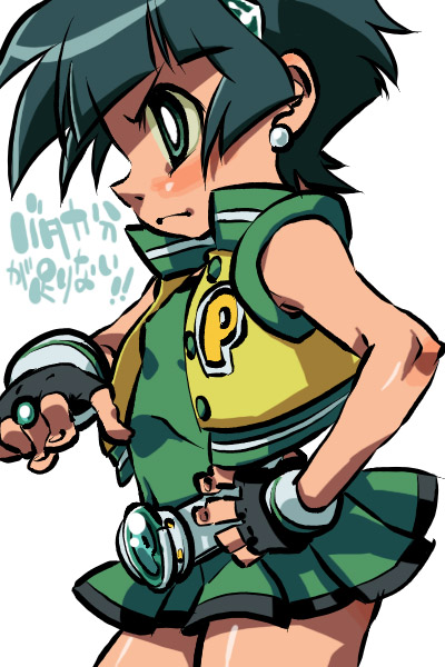 00s, 1girl, belt, black_hair, cowboy_shot, earrings, female_focus, fingerless_gloves, from_side, frown, gloves, green_eyes, hand_on_own_hip, jewelry, k2dora-chan, matsubara_kaoru, miniskirt, pointing, pointing_at_viewer, powered_buttercup, powerpuff_girls, powerpuff_girls_z, ring, short_hair, simple_background, skirt, solo, translation_request, unbuttoned, vest, white_background, wristband