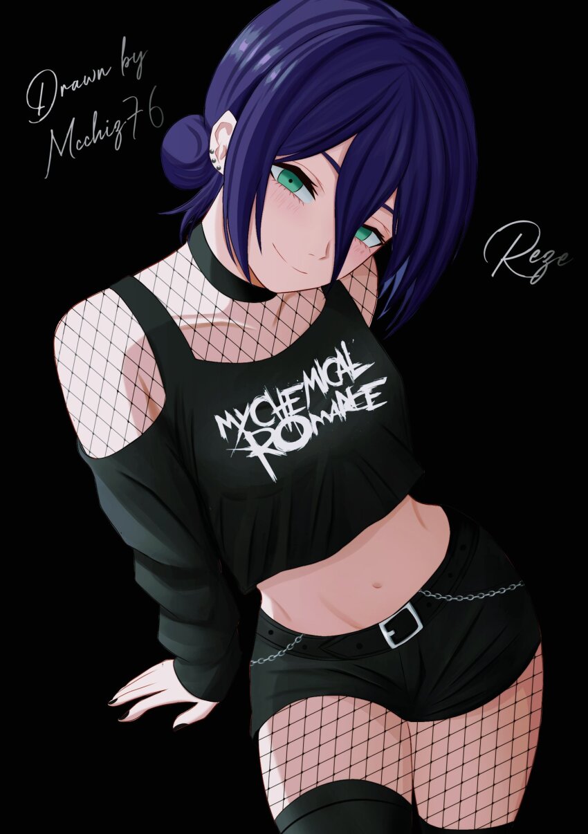 1girl, belt, black_background, black_nails, black_skirt, blush, chain, chainsaw_man, choker, crop_top, earrings, green_eyes, happy, head_tilt, highres, jewelry, mccheese, midriff, miniskirt, navel, purple_hair, reze_(chainsaw_man), short_hair, signature, skirt, upper_body