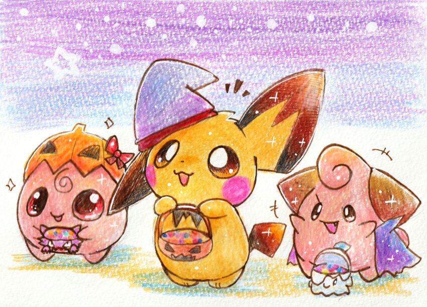 :3, arms_up, blue_cape, blue_hat, bow, bucket, candy, cape