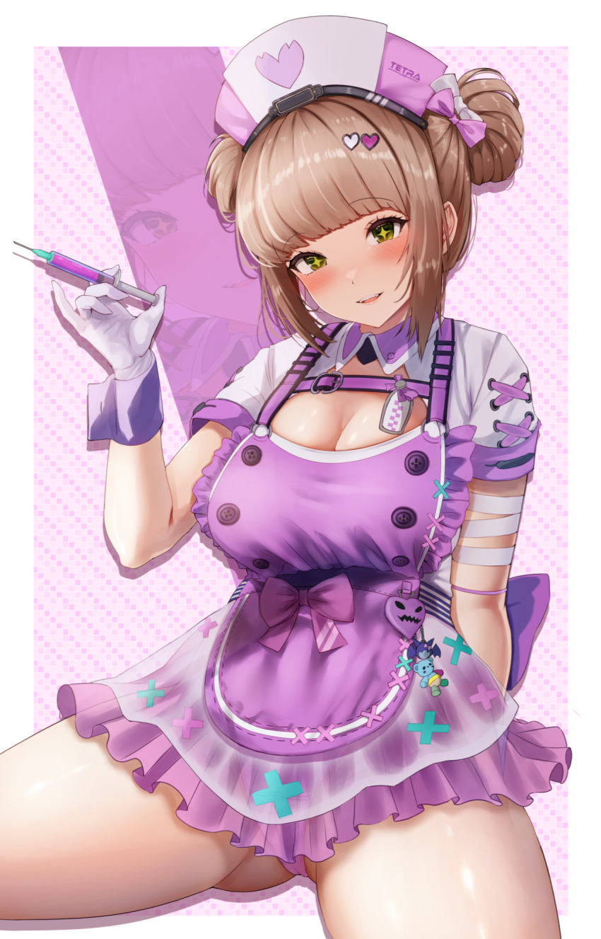 1girl, breasts, brown_hair, cleavage, gloves, goddess_of_victory:_nikke, green_eyes, hair_bun