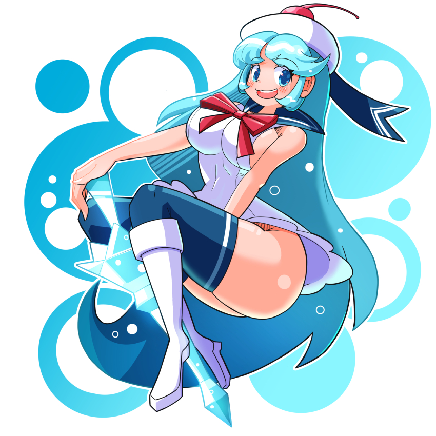 1girl, blue_eyes, blue_hair, blue_sailor_collar, cherry_hat_ornament, cookie_run, cookie_run:_tower_of_adventures, cream_soda_cookie