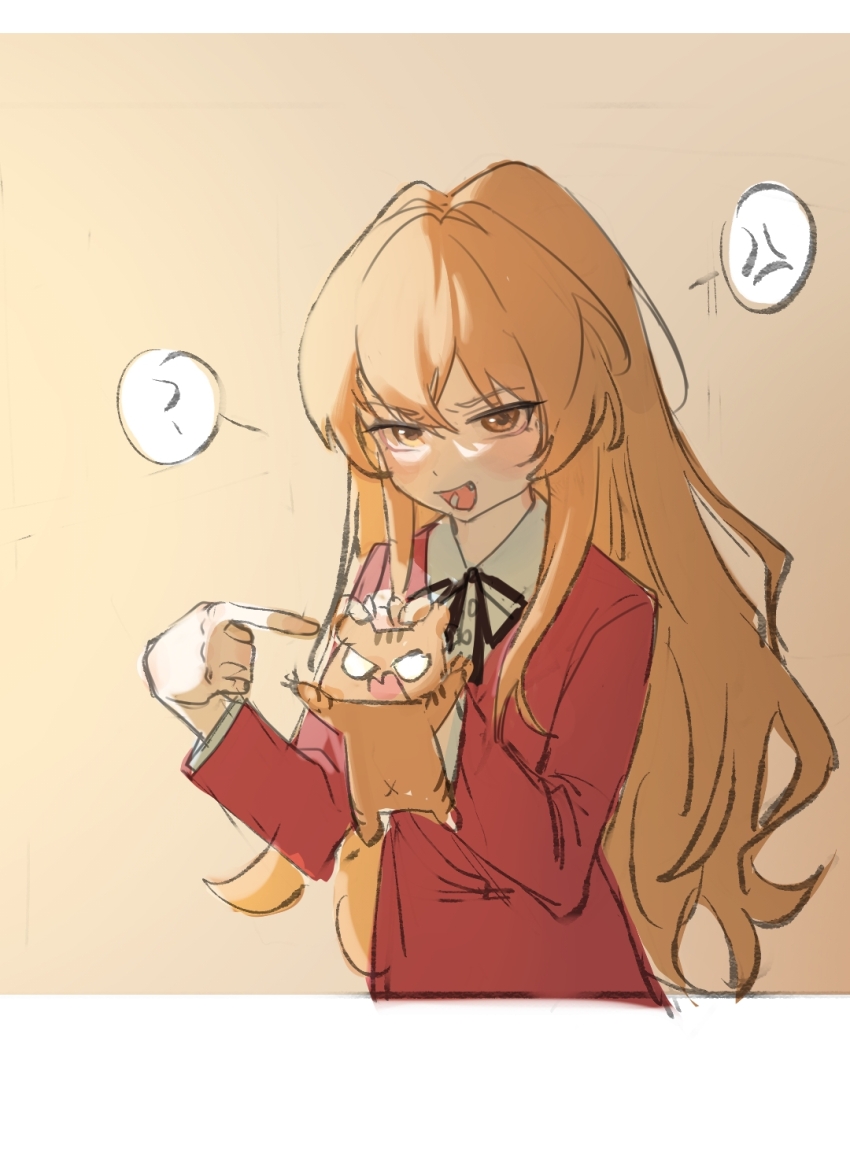 1girl, ?, aisaka_taiga, anger_vein, animal, black_ribbon, blazer, brown_eyes, brown_hair, chinese_commentary, collared_shirt, commentary_request, cropped_torso, hair_between_eyes, highres, holding, holding_animal, jacket, karakara_(974070547), letterboxed, long_hair, long_sleeves, looking_at_viewer, neck_ribbon, oohashi_high_school_uniform, open_mouth, palmtop_tiger, pointing_at_animal, red_jacket, ribbon, school_uniform, shirt, spoken_anger_vein, spoken_question_mark, toradora!, upper_body, white_shirt