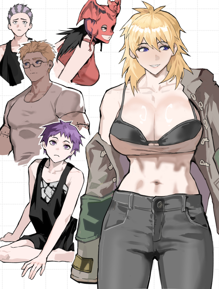 2boys, 3girls, absurdres, asuka_(dorohedoro), bat_(animal), bat_wings, black_bra, black_hair, blonde_hair, blue_eyes, bra, commentary, dorohedoro, ebisu_(dorohedoro), english_commentary, fujita_(dorohedoro), glasses, highres, midriff, multicolored_hair, multiple_boys, multiple_girls, navel, nikaidou_(dorohedoro), off_shoulder, park_ongjol, purple_eyes, purple_hair, red_mask, shin_(dorohedoro), short_hair, single_off_shoulder, single_tear, two-tone_hair, underwear, wings