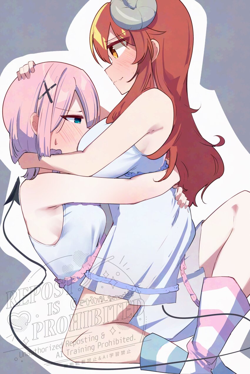 2girls, absurdres, armpit_peek, between_breasts, blue_eyes, blush, breast_smother, breasts