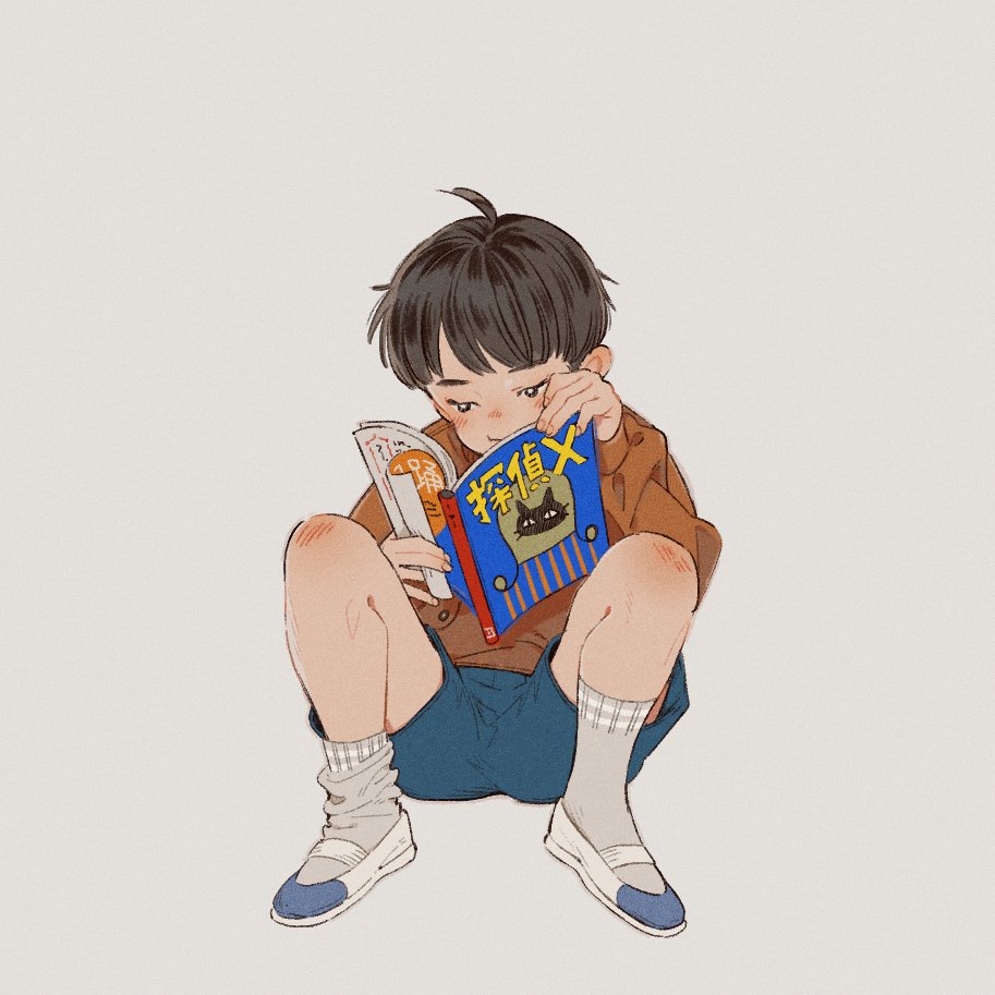 1boy, asymmetrical_legwear, black_eyes, black_hair, blue_shoes, blue_shorts, book, bowl_cut