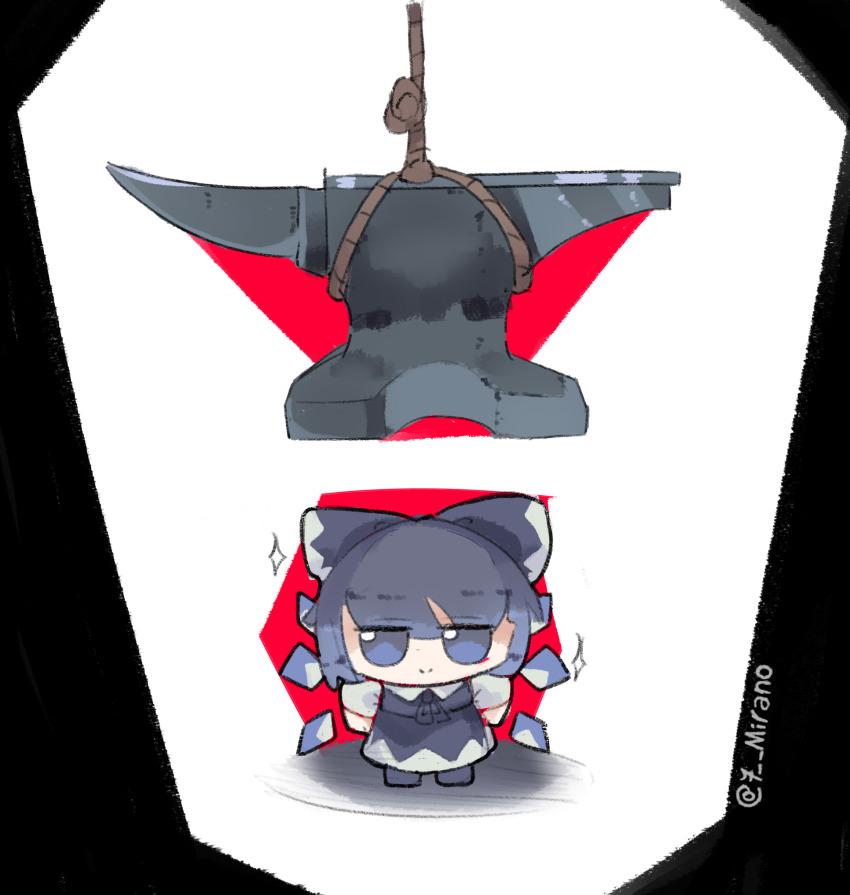 1girl, 7-mirano, anvil, artist_name, bow, chibi, chibi_only, cirno