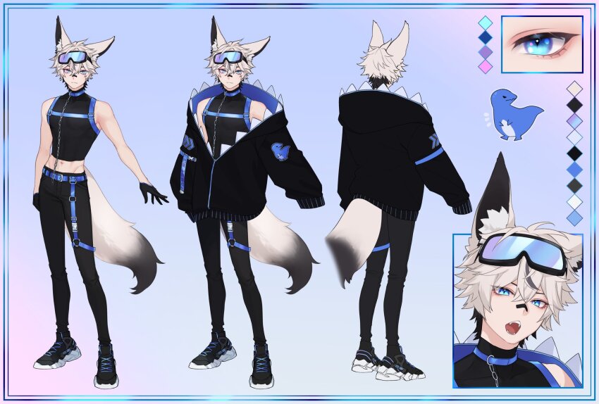 1boy, animal_ear_fluff, animal_ears, back, bandage_on_nose, black_hair, black_jacket, blue_eyes