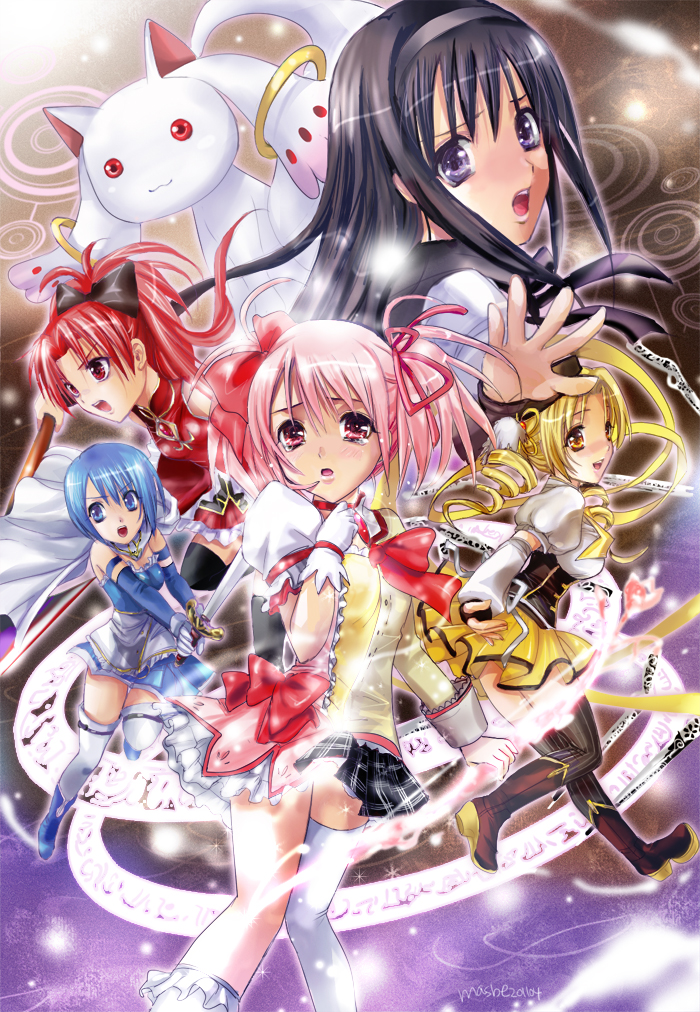 10s, 5girls, :3, akemi_homura, akemi_homura_(magical_girl), bad_id, bad_pixiv_id, beret