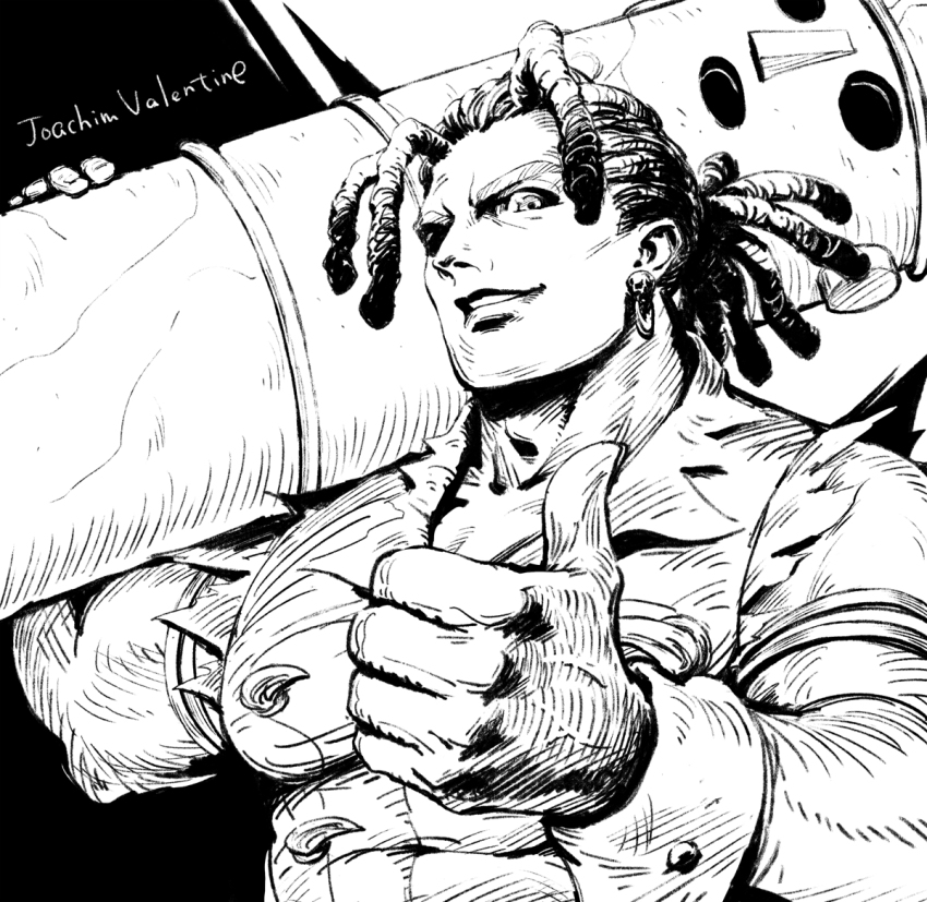 1boy, artist_request, earrings, greyscale, jewelry, joachim_valentine, looking_at_viewer, male_focus