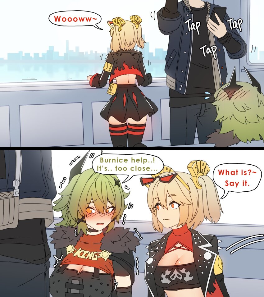 1boy, 2girls, black_jacket, black_skirt, black_thighhighs, blonde_hair, blush, breasts