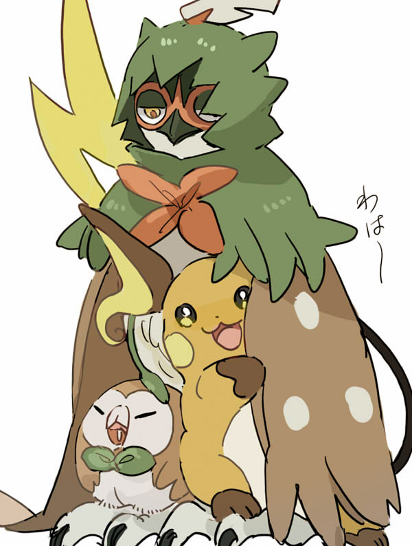 1other, :3, :d, beak, bird_wings, brown_eyes, brown_feathers, brown_fur, closed_eyes, decidueye, drooling, feathers, full_body, furry, gen_1_pokemon, gen_7_pokemon, green_hood, looking_at_another, looking_at_viewer, n5947136332810, nintendo, open_mouth, orange_fur, pokemon, pokemon_(creature), raichu, rowlet, simple_background, smile, standing, talons, white_background, white_feathers, white_fur, wings, yellow_eyes