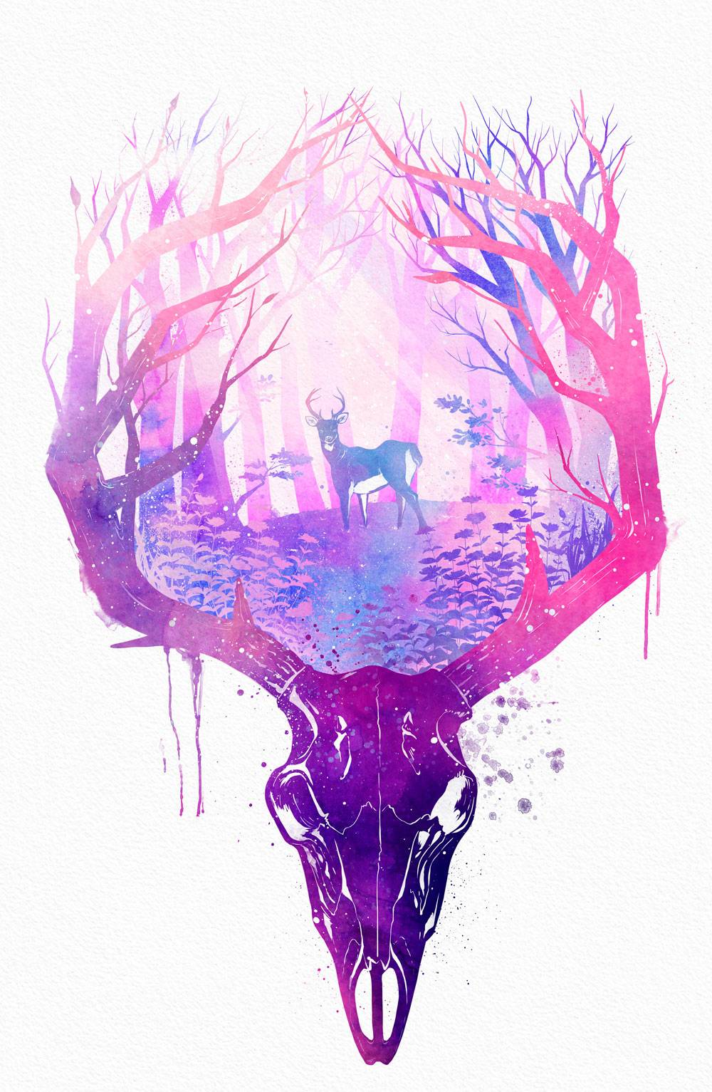 animal_skull, bare_tree, commentary, deer, deer_skull, english_commentary, forest, highres, looking_at_viewer, nature, no_humans, original, painting_(medium), penelope_paws, purple_theme, traditional_media, tree, watercolor_(medium)
