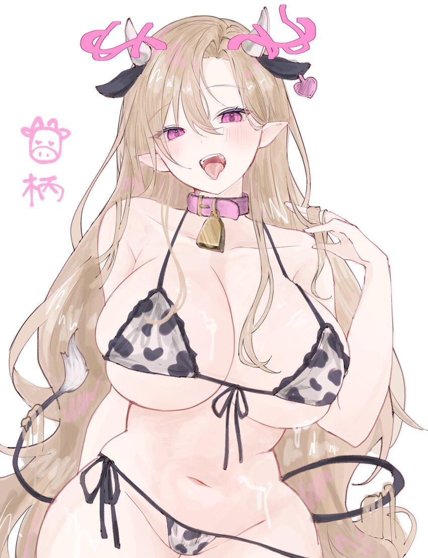 animal_ears, animal_print, bell, bikini, blush, breasts, brown_hair, cleavage