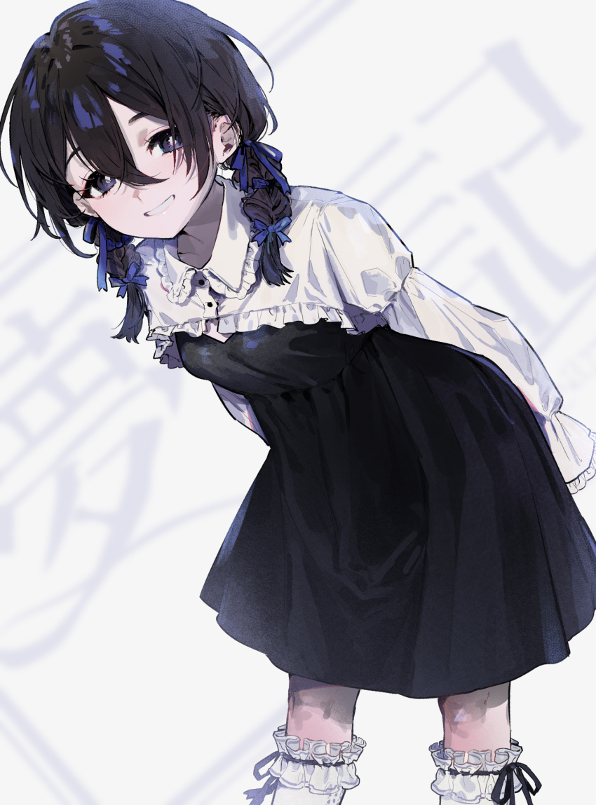 1girl, arms_behind_back, bent_over, black_dress, black_hair, black_theme, blue_ribbon, braid