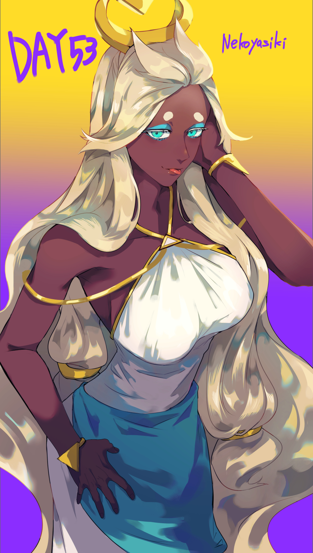 1girl, bare_shoulders, blonde_hair, blue_eyes, breasts, cookie_run, cookie_run:_kingdom, dark-skinned_female