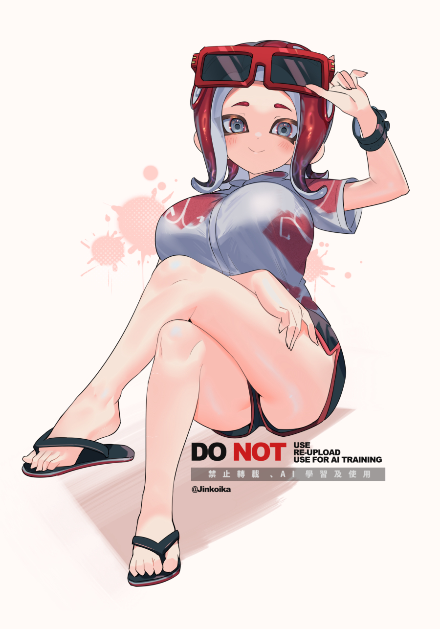 1girl, artist_name, black_shorts, breasts, closed_mouth, commentary, dolphin_shorts, eyewear_on_head