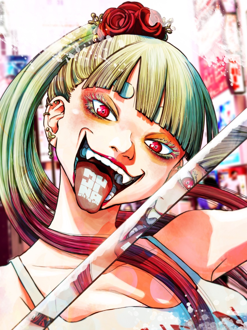 1girl, absurdres, asano_inio, blonde_hair, character_request, commentary, copyright_name, earrings, fangs, flower_hairpin, highres, holding, holding_sword, holding_weapon, jewelry, katana, long_hair, mujina_into_the_deep, multicolored_hair, naughty_face, pink_hair, ponytail, red_eyes, reflection, reflective_surface, smile, sword, tongue_writing, two-tone_hair, weapon, wispy_bangs