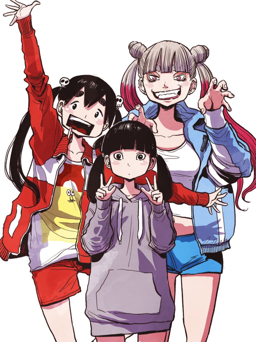 3girls, asano_inio, black_hair, blonde_hair, character_request, claw_pose, commentary, creator_connection