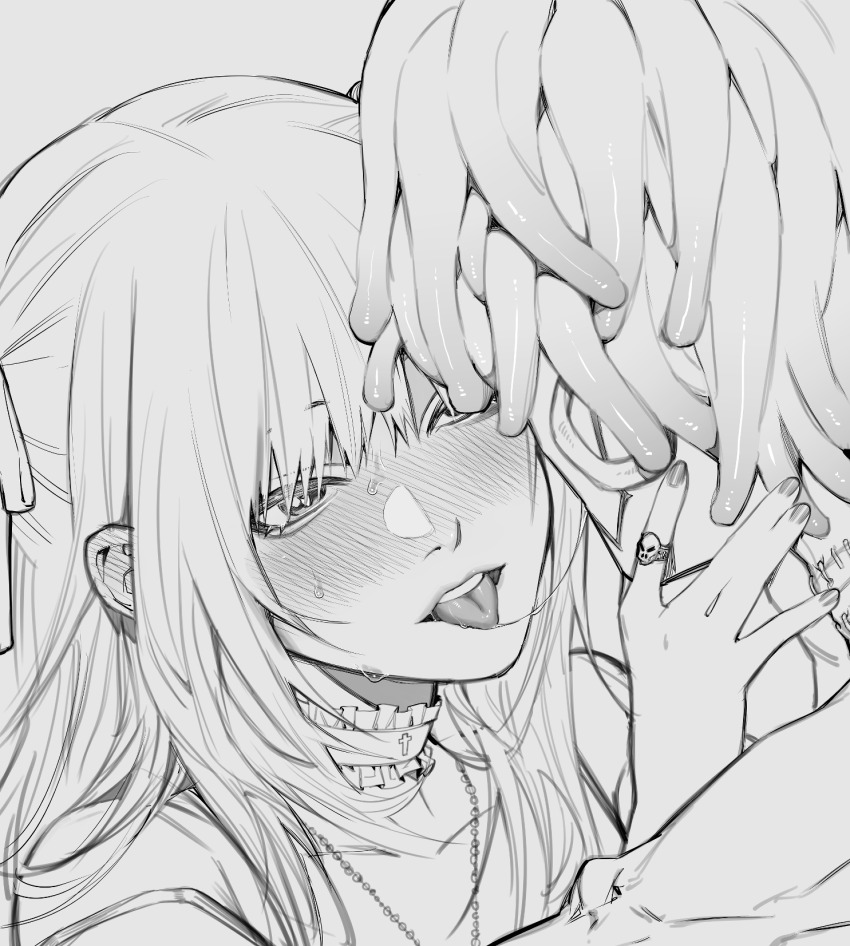 2girls, after_kiss, amane_misa, blush, choker, cross, death_note, dreadlocks