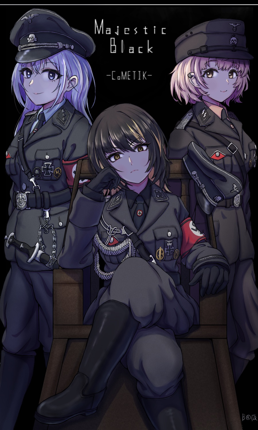 3girls, armband, bag1945, black_background, black_hair, blonde_hair, blue_eyes, blue_hair, boots, brown_eyes, collar_tabs, collared_shirt, cometik_(idolmaster), commentary_request, cross, crossed_legs, dagger, gloves, grey_eyes, hat, head_rest, highres, idolmaster, idolmaster_shiny_colors, ikaruga_luca, ikuta_haruki, iron_cross, knife, long_hair, looking_at_viewer, military_uniform, multicolored_hair, multiple_girls, nazi, necktie, peaked_cap, pink_hair, reichsadler, shirt, short_hair, siegrunen, sitting, smile, ss_insignia, streaked_hair, suzuki_hana, swastika, totenkopf, unworn_hat, unworn_headwear, waffen-ss, weapon