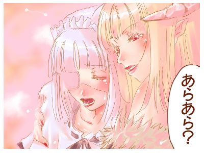 2girls, aura-hysterica, blush, border, capelet, closed_eyes, commentary_request, demon_girl