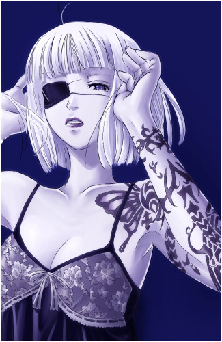 1girl, arm_tattoo, aura-hysterica, babydoll, blue_background, blunt_bangs, bob_cut, border, breasts, butterfly_tattoo, cleavage, commentary_request, eyepatch, hands_up, lips, looking_at_viewer, lowres, medium_breasts, mr.romance, ragnarok_online, short_hair, simple_background, solo, tattoo, upper_body, white_border