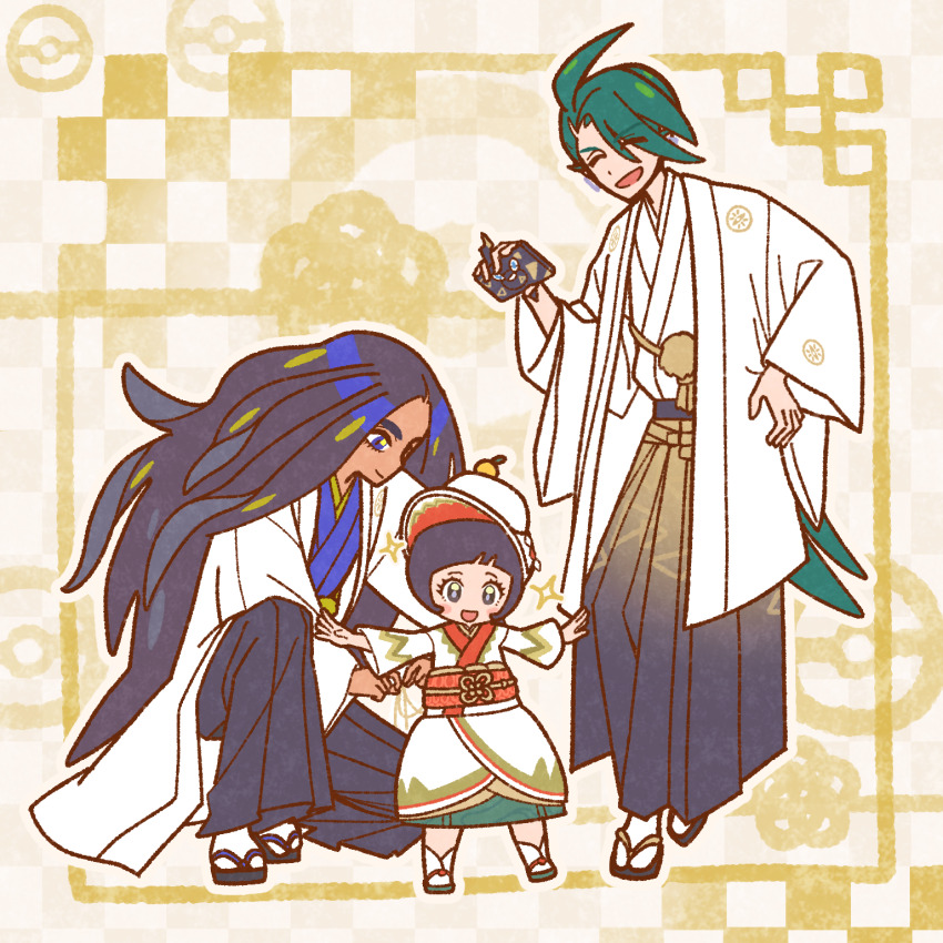 3girls, ahoge, androgynous, black_hair, blue_eyes, closed_eyes, dark-skinned_female, dark_skin