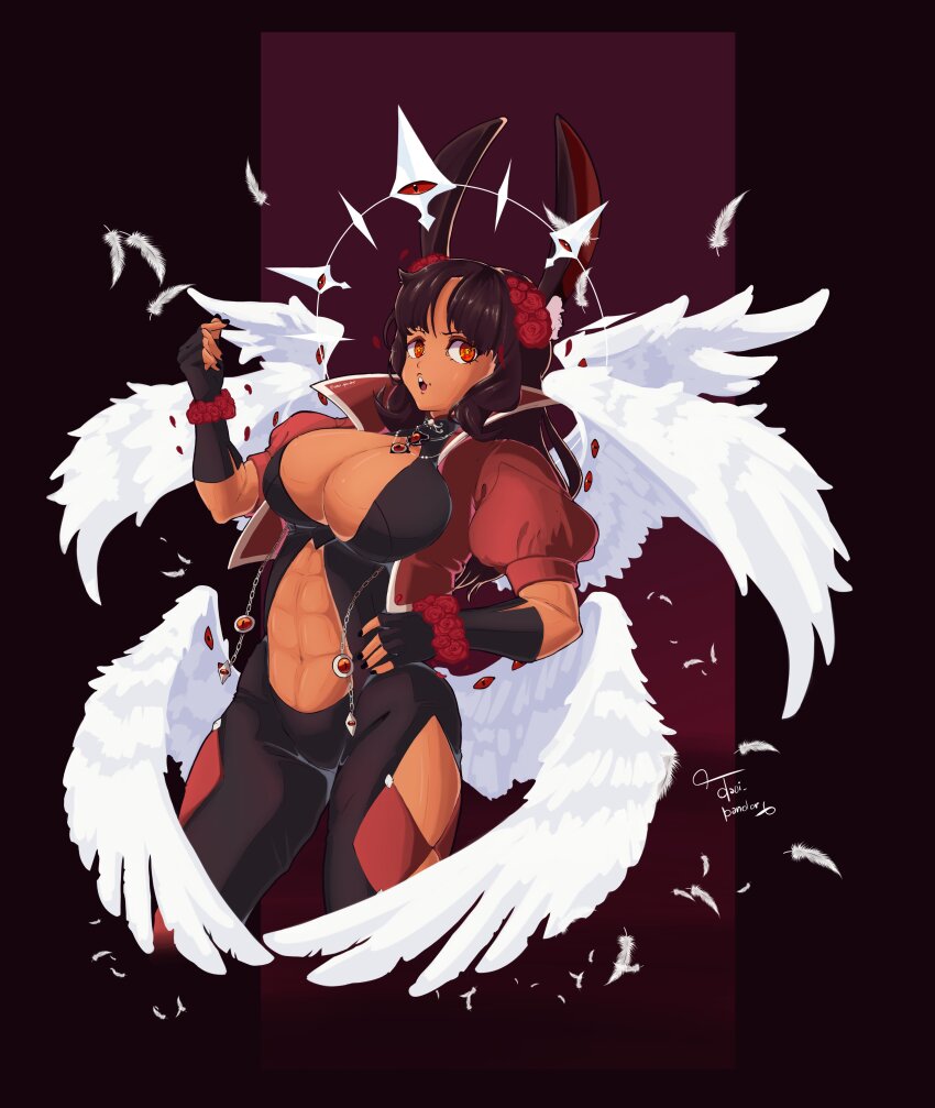 1girl, abs, absurdres, animal_ears, black_bodysuit, black_gloves, black_nails, bodysuit, breasts, brown_hair, bunny_blasty, bunny_blasty_(2st_costume), cleavage, clothing_cutout, cowboy_shot, cropped_jacket, dark-skinned_female, dark_skin, davi-pandor, feathered_wings, feathers, female_focus, fingerless_gloves, fingernails, gloves, gradient_background, hand_on_own_hip, hand_up, highres, indie_virtual_youtuber, jacket, large_breasts, long_hair, looking_at_viewer, multicolored_bodysuit, muscular, muscular_female, nail_polish, navel, navel_cutout, open_clothes, open_jacket, open_mouth, rabbit_ears, rabbit_girl, red_background, red_bodysuit, red_eyes, red_jacket, short_sleeves, simple_background, solo, standing, thigh_cutout, two-tone_bodysuit, virtual_youtuber, white_feathers, wings
