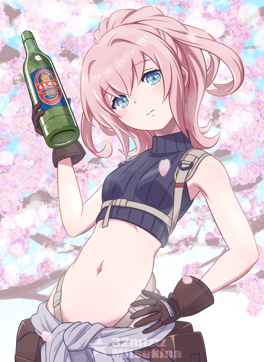 1girl, 32zzz, artist_name, beer_bottle, belt, blue_eyes, bottle, cherry_blossoms, chest_harness, clothes_around_waist, crop_top, cropped_torso, gloves, hands_on_own_hips, harness, head_tilt, high_ponytail, highres, holding, holding_bottle, maria_(synduality), midriff, navel, pink_hair, ponytail, pouch, shirt, shirt_around_waist, sidelocks, sleeveless, sleeveless_turtleneck, synduality, synduality_noir, turtleneck, watermark