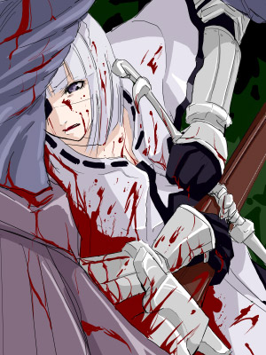 1boy, 1girl, aura-hysterica, black_gloves, blood, blood_on_clothes, blood_on_face, blunt_bangs, bob_cut, capelet, colored_skin, commentary_request, dress, eyepatch, gauntlets, gloves, grey_skin, high_orc_(ragnarok_online), long_sleeves, lowres, mr.romance, open_mouth, orc, ragnarok_online, ribbon-trimmed_capelet, ribbon_trim, short_hair, swordsman_(ragnarok_online), upper_body, white_capelet, white_dress