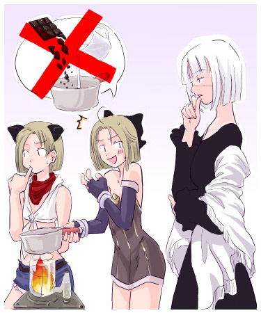 3girls, alchemist_(ragnarok_online), alternate_costume, aura-hysterica, bandana, black_bow, black_dress, blacksmith_(ragnarok_online)