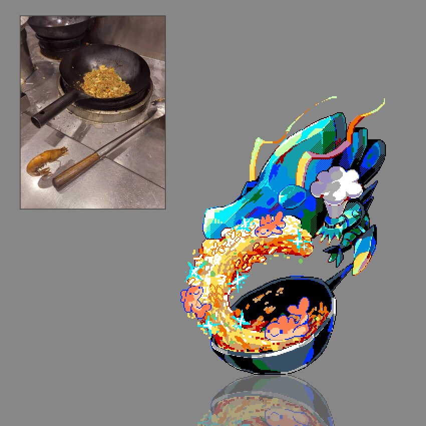 animal_focus, chef_hat, clawitzer, commentary, english_commentary, food, food_focus, fried_rice, gen_6_pokemon, hat, highres, ladle, meme, nintendo, no_humans, photo_inset, pixel_art, pokemon, pokemon_(creature), reflection, robin_(pixelated_robin), shrimp, shrimp_fried_this_rice_(meme), wok