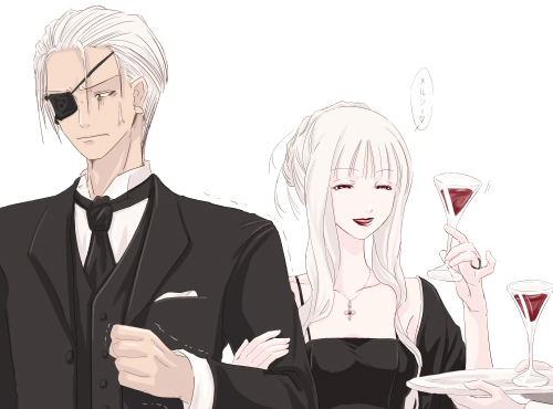 1boy, 1girl, alcohol, alternate_costume, arm_hug, axe_assa, black_dress, black_jacket