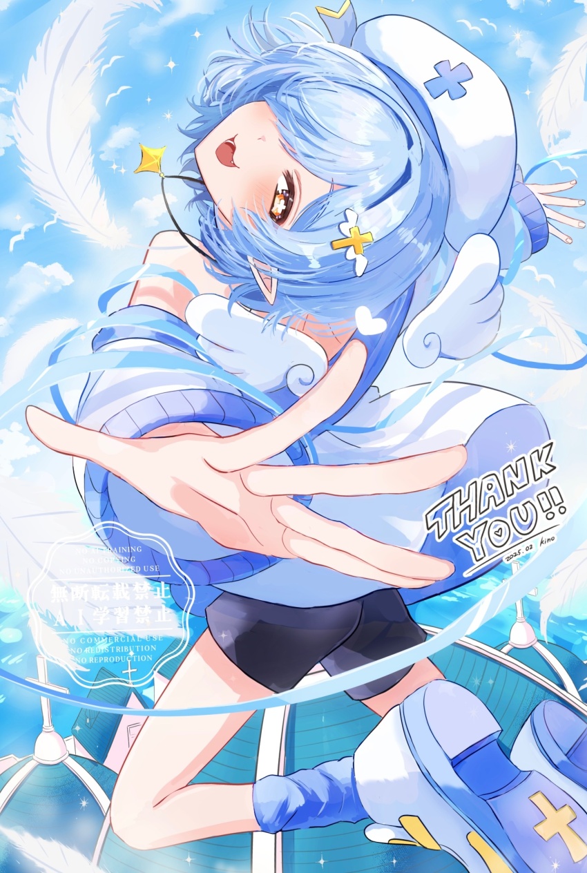 1girl, black_shorts, blue_hair, blue_jacket, blue_sky, blue_socks, commission, cross-shaped_pupils, cross_hair_ornament, cross_hat_ornament, english_text, feathers, foreshortening, hair_ornament, hair_over_one_eye, hat, head_tilt, heart, highres, indie_virtual_youtuber, jacket, kino_(kisukekino24), looking_at_viewer, medium_hair, noa_noelle, orange_eyes, outstretched_arms, pointy_ears, shorts, skeb_commission, sky, socks, solo, symbol-shaped_pupils, watermark, white_hat, white_wings, wings