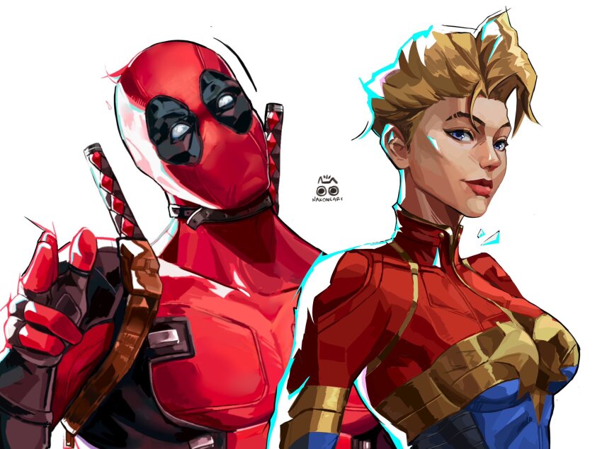 1boy, 1girl, bodysuit, captain_marvel_(marvel), carol_danvers, deadpool, deadpool_(series), gloves
