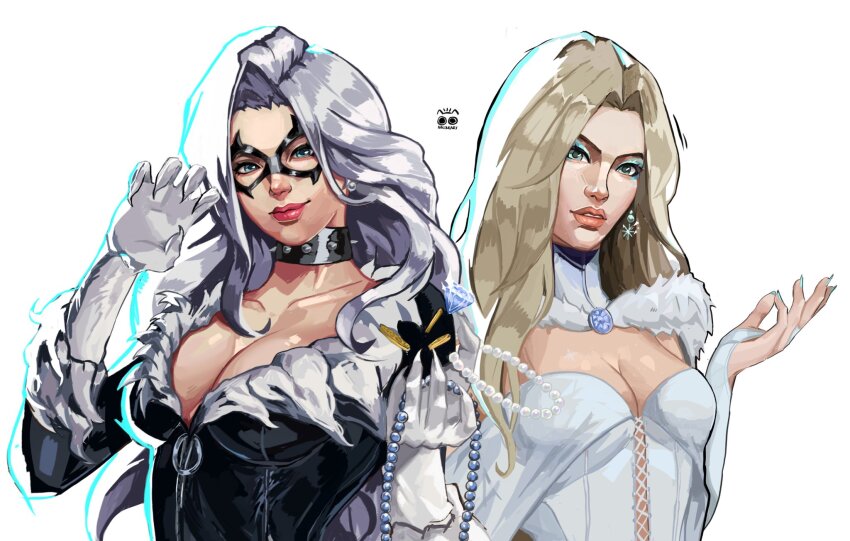 2girls, black_bodysuit, black_cat_(marvel), blue_eyes, bodysuit, breasts, cape, choker, cleavage, corset, domino_mask, emma_frost, eye_mask, felicia_hardy, fur_trim, gloves, highres, large_breasts, lips, lipstick, long_hair, looking_at_viewer, makeup, marvel, marvel_rivals, mask, multiple_girls, nakoneart, parted_lips, simple_background, smile, spider-man_(series), superhero_costume, white_cape, white_corset, white_hair, x-men
