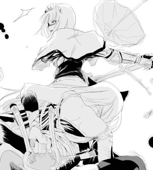 2girls, animal_ears, assassin_(ragnarok_online), aura-hysterica, back, bandages, bandages_over_clothes, capelet