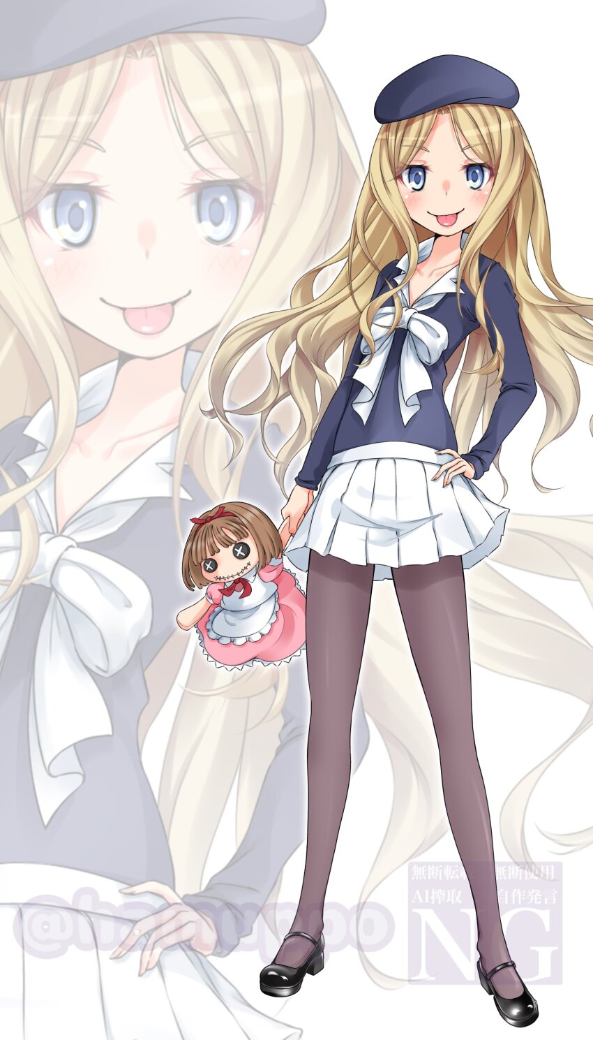 1girl, absurdres, beret, black_pantyhose, blonde_hair, blue_eyes, blue_hat, blue_sweater, collared_shirt, doll, dress_shirt, frenda_seivelun, full_body, hamuppo, hand_on_own_hip, hat, highres, long_hair, looking_at_viewer, neck_ribbon, pantyhose, pleated_skirt, ribbon, shirt, skirt, solo, sweater, toaru_kagaku_no_railgun, toaru_majutsu_no_index, tongue, tongue_out, white_ribbon, white_shirt, white_skirt, zoom_layer