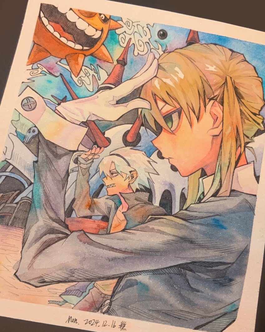 1boy, 1girl, aynm010330, blonde_hair, blue_sky, closed_mouth, cuff_links, dated