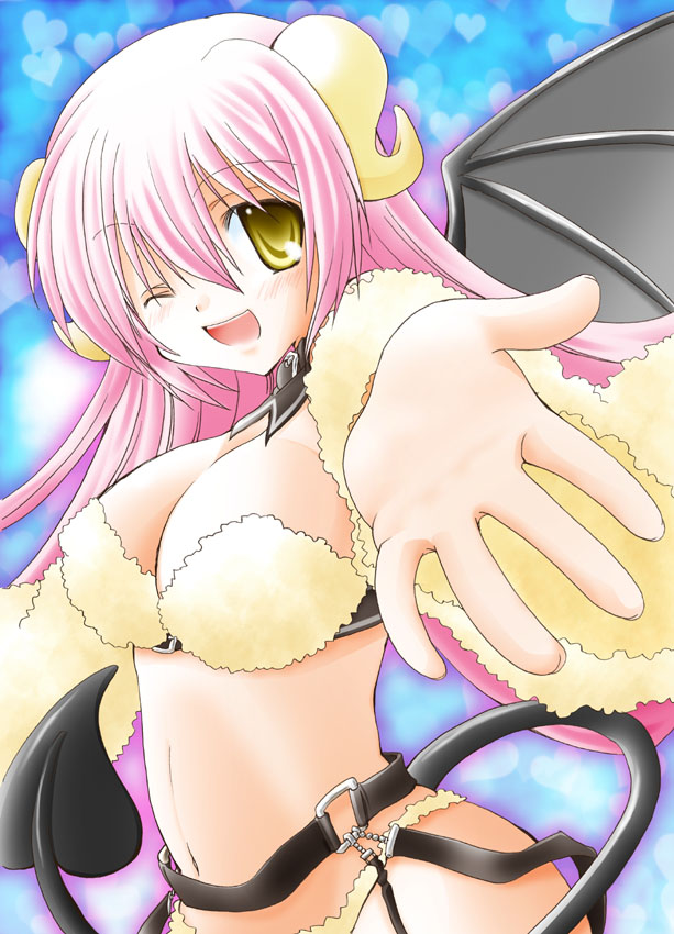 1girl, breasts, demon_girl, demon_tail, female_focus, large_breasts, long_hair, one_eye_closed, original, pink_hair, smile, solo, tail, takaha_momo, wings, wink, yellow_eyes