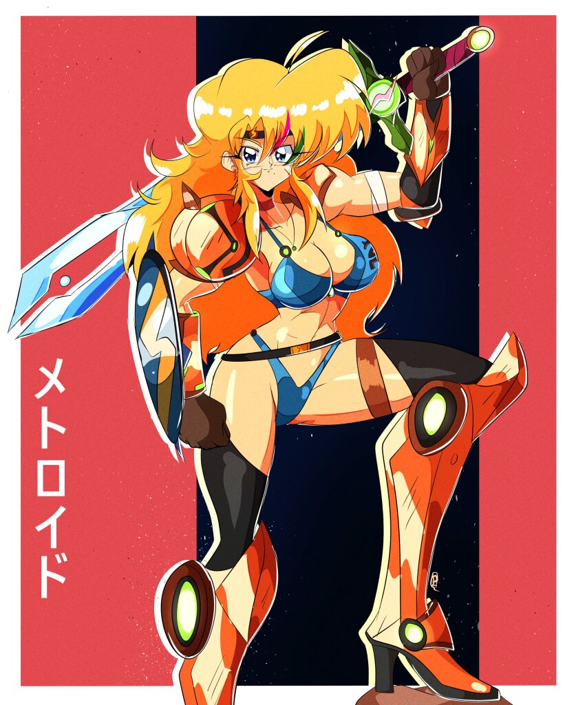 absurdres, armor, belt, bikini_armor, blonde_hair, blue_bra, boots, bra