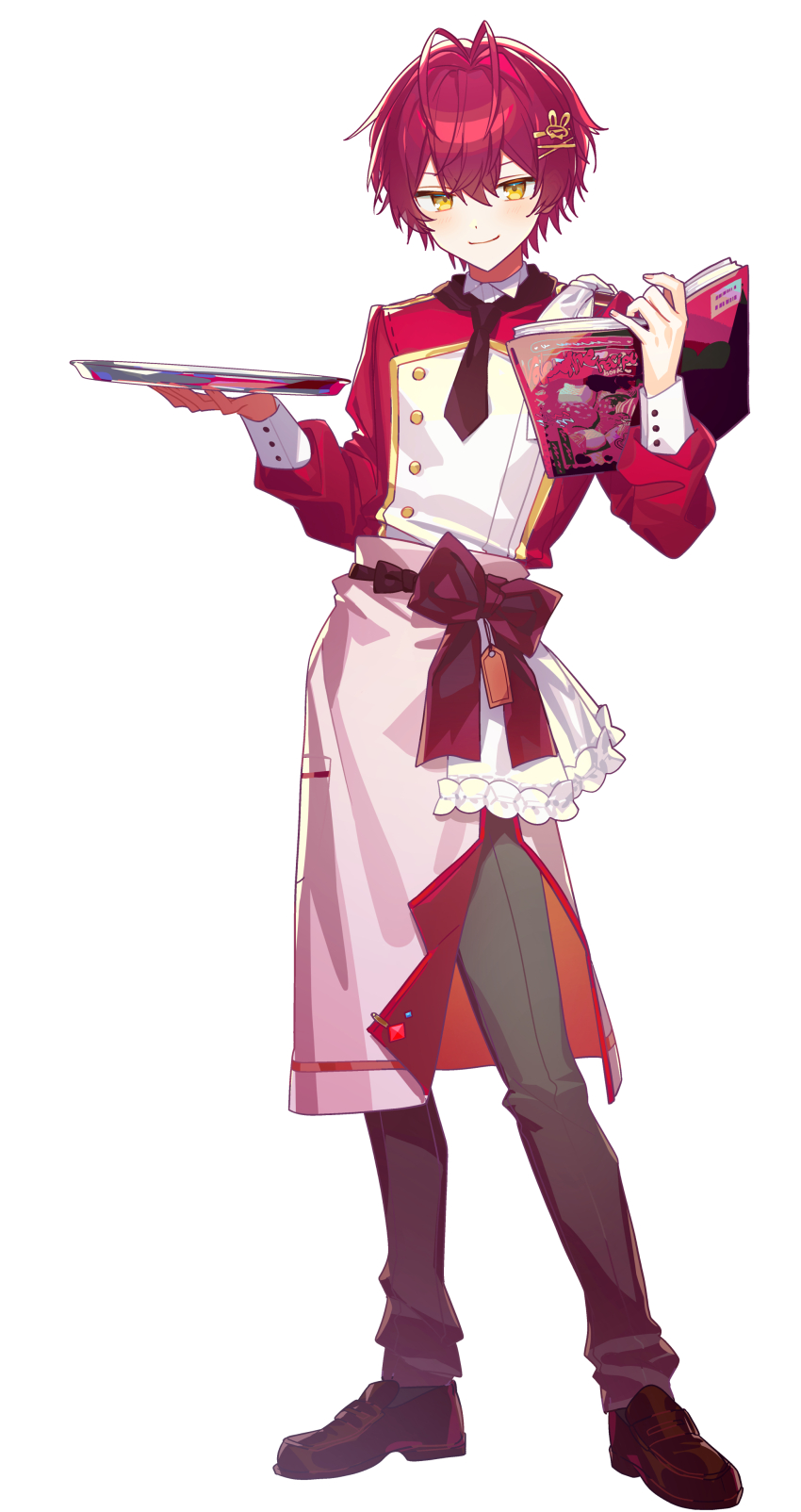 1boy, absurdres, antenna_hair, blonde_hair, book, bow, closed_mouth, grey_pants