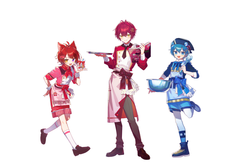 3boys, absurdres, amptakxcolors, animal_ears, antenna_hair, asymmetrical_bangs, blue_boots, blue_eyes