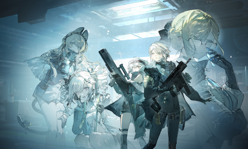 absurdres, assault_rifle, black_gloves, blonde_hair, bullpup, caseless_firearm, dalanxia, g11_(girls'_frontline)